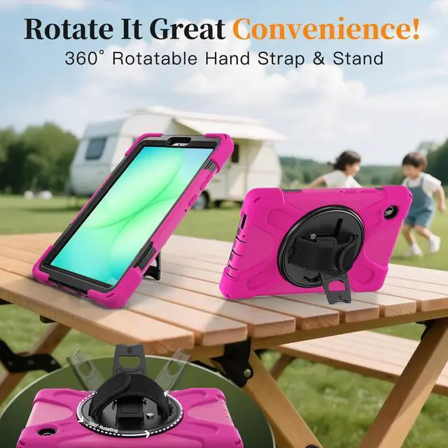 Alt view image 6 of 7 - Shockproof Kids Case with Pencil Holder, 360° Rotatable Stand, Hand & Shoulder Strap for Samsung Galaxy Tab A11 8.7" (2025) / Tab A9 8.7" (2023), Rose Red