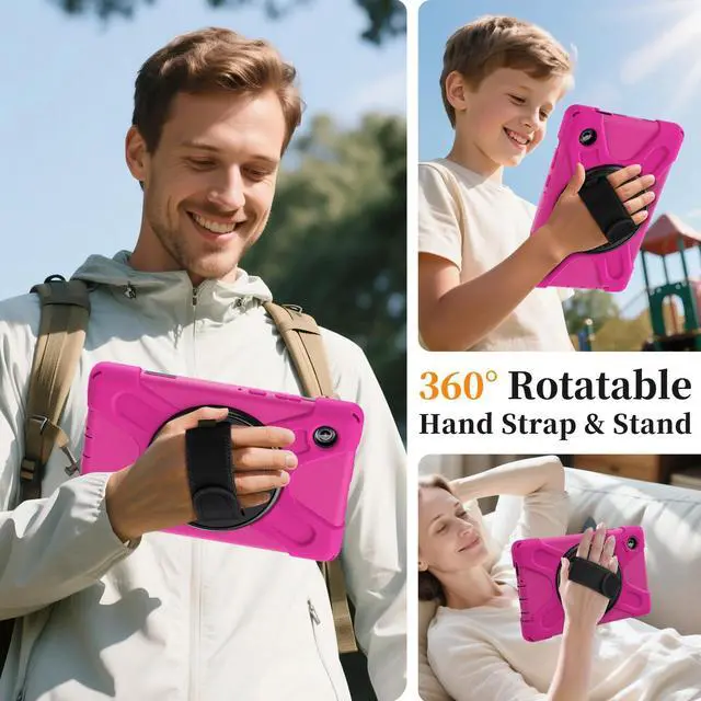 Alt view image 5 of 7 - Shockproof Kids Case with Pencil Holder, 360° Rotatable Stand, Hand & Shoulder Strap for Samsung Galaxy Tab A11 8.7" (2025) / Tab A9 8.7" (2023), Rose Red