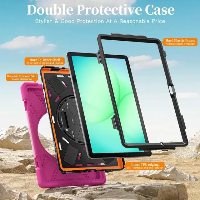 Alt view image 3 of 7 - Shockproof Kids Case with Pencil Holder, 360° Rotatable Stand, Hand & Shoulder Strap for Samsung Galaxy Tab A11 Plus 11" (2025) / Tab A9 Plus 11" (2023),Rose Red