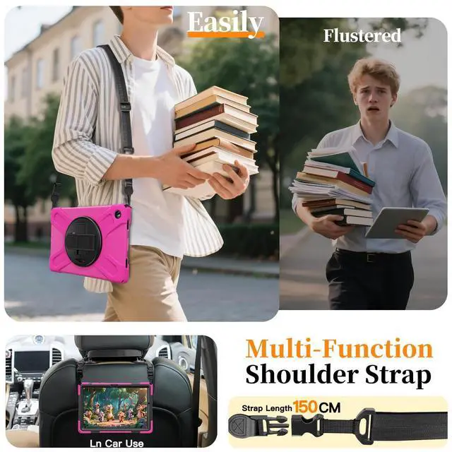 Alt view image 4 of 7 - Shockproof Kids Case with Pencil Holder, 360° Rotatable Stand, Hand & Shoulder Strap for Samsung Galaxy Tab A11 Plus 11" (2025) / Tab A9 Plus 11" (2023),Rose Red