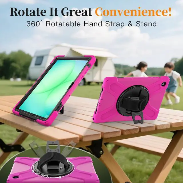 Alt view image 6 of 7 - Shockproof Kids Case with Pencil Holder, 360° Rotatable Stand, Hand & Shoulder Strap for Samsung Galaxy Tab A11 Plus 11" (2025) / Tab A9 Plus 11" (2023),Rose Red