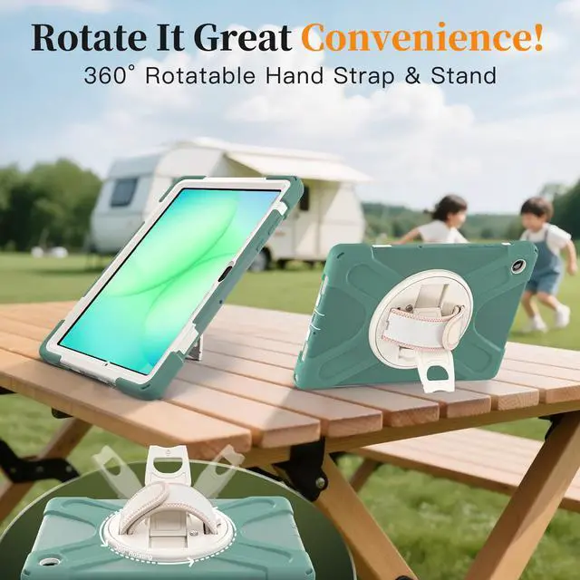 Alt view image 6 of 7 - Shockproof Kids Case with Pencil Holder, 360° Rotatable Stand, Hand & Shoulder Strap for Samsung Galaxy Tab A11 Plus 11" (2025) / Tab A9 Plus 11" (2023),Emerald Green