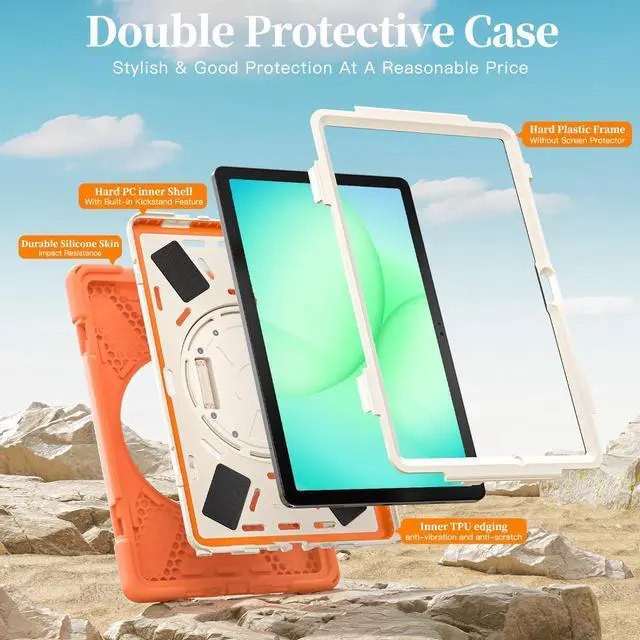 Alt view image 3 of 7 - Shockproof Kids Case with Pencil Holder, 360° Rotatable Stand, Hand & Shoulder Strap for Samsung Galaxy Tab A11 Plus 11" (2025) / Tab A9 Plus 11" (2023),Coral Orange