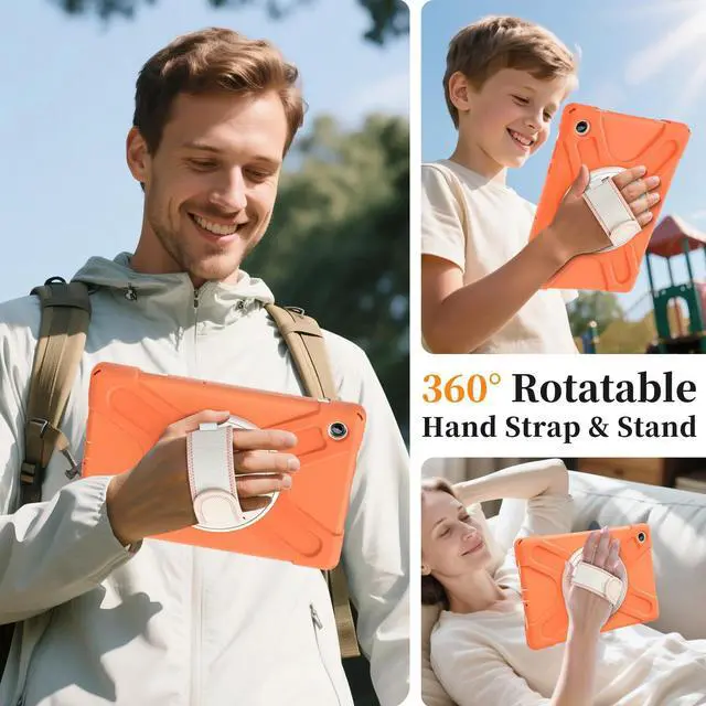 Alt view image 5 of 7 - Shockproof Kids Case with Pencil Holder, 360° Rotatable Stand, Hand & Shoulder Strap for Samsung Galaxy Tab A11 Plus 11" (2025) / Tab A9 Plus 11" (2023),Coral Orange