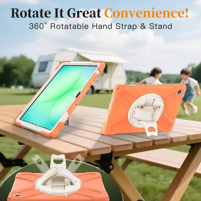 Alt view image 6 of 7 - Shockproof Kids Case with Pencil Holder, 360° Rotatable Stand, Hand & Shoulder Strap for Samsung Galaxy Tab A11 Plus 11" (2025) / Tab A9 Plus 11" (2023),Coral Orange