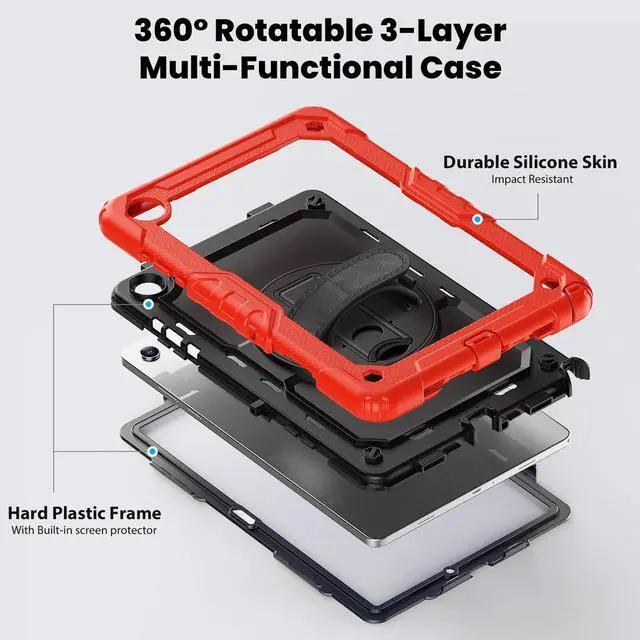 Alt view image 3 of 7 - Heavy Duty Shockproof Case with 360° Rotatable Stand, Hand & Shoulder Strap for Samsung Galaxy Tab A11 Plus 11" (2025) / Tab A9 Plus 11" (2023), Red