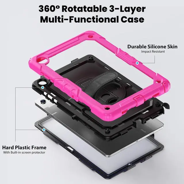 Alt view image 3 of 7 - Heavy Duty Shockproof Case with 360° Rotatable Stand, Hand & Shoulder Strap for Samsung Galaxy Tab A11 Plus 11" (2025) / Tab A9 Plus 11" (2023), Rose