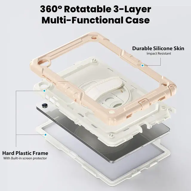 Alt view image 3 of 7 - Heavy Duty Shockproof Case with 360° Rotatable Stand, Hand & Shoulder Strap for Samsung Galaxy Tab A11 Plus 11" (2025) / Tab A9 Plus 11" (2023), Rose Gold