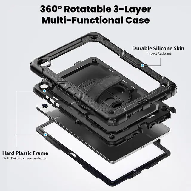 Alt view image 3 of 7 - Heavy Duty Shockproof Case with 360° Rotatable Stand, Hand & Shoulder Strap for Samsung Galaxy Tab A11 Plus 11" (2025) / Tab A9 Plus 11" (2023), Black
