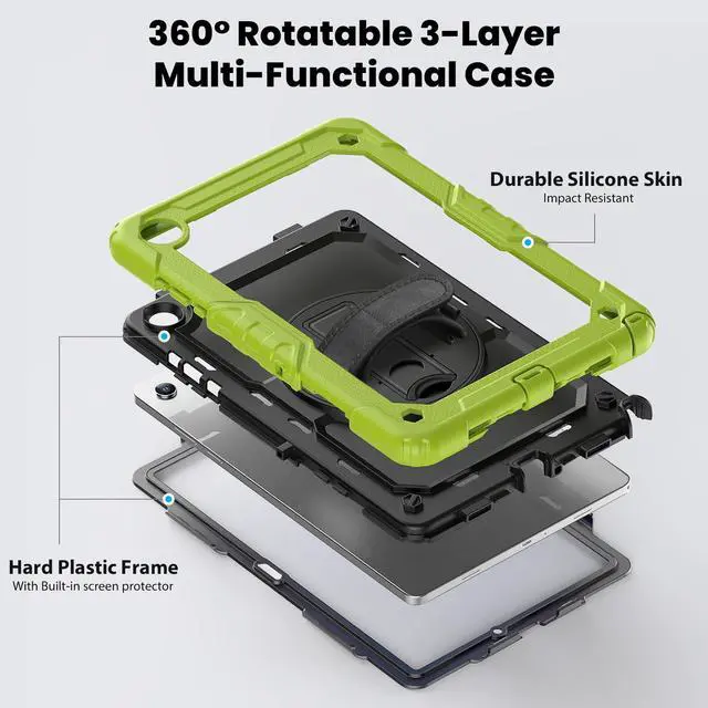 Alt view image 3 of 7 - Heavy Duty Shockproof Case with 360° Rotatable Stand, Hand & Shoulder Strap for Samsung Galaxy Tab A11 Plus 11" (2025) / Tab A9 Plus 11" (2023), Green