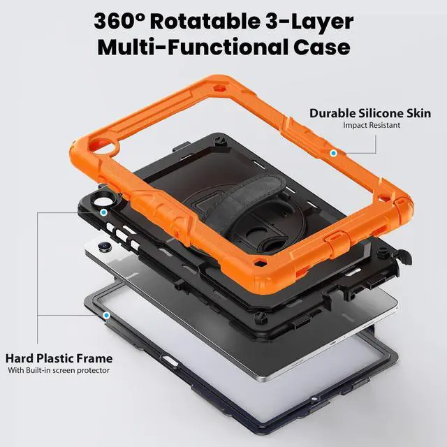 Alt view image 3 of 7 - Heavy Duty Shockproof Case with 360° Rotatable Stand, Hand & Shoulder Strap for Samsung Galaxy Tab A11 Plus 11" (2025) / Tab A9 Plus 11" (2023), Orange