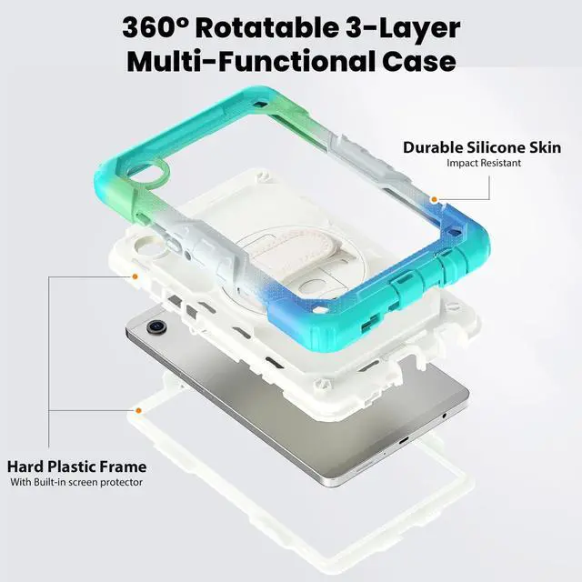 Alt view image 3 of 7 - Heavy Duty Shockproof Case with 360° Rotatable Stand, Hand & Shoulder Strap for Samsung Galaxy Tab A11 8.7" (2025) / Tab A9 8.7" (2023), Light Blue Camouflage