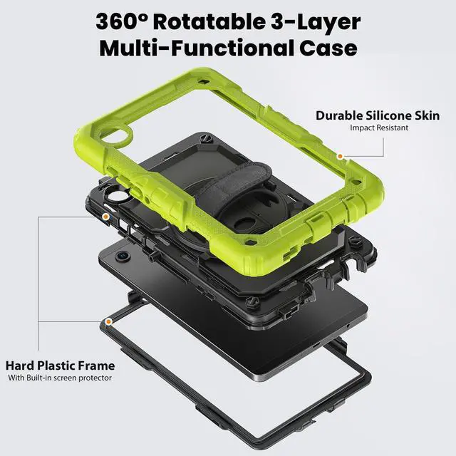 Alt view image 3 of 7 - Heavy Duty Shockproof Case with 360° Rotatable Stand, Hand & Shoulder Strap for Samsung Galaxy Tab A11 8.7" (2025) / Tab A9 8.7" (2023), Green