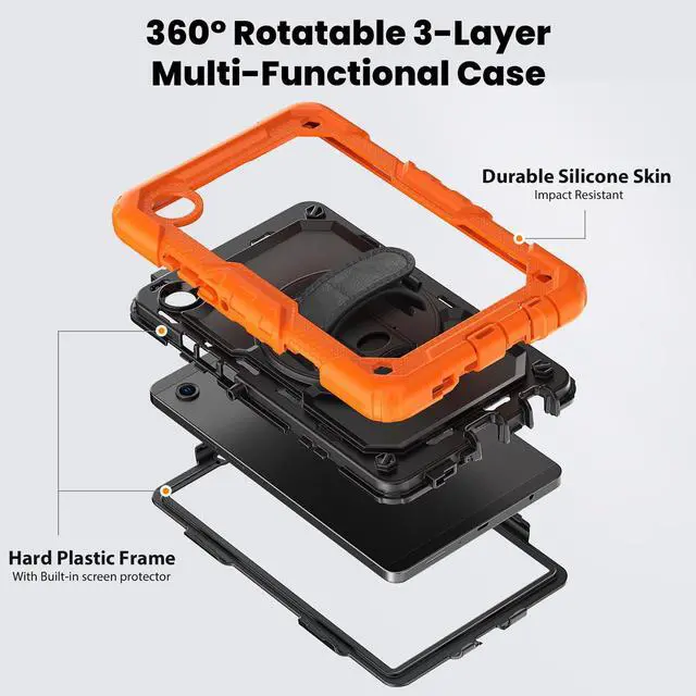Alt view image 3 of 7 - Heavy Duty Shockproof Case with 360° Rotatable Stand, Hand & Shoulder Strap for Samsung Galaxy Tab A11 8.7" (2025) / Tab A9 8.7" (2023), Orange