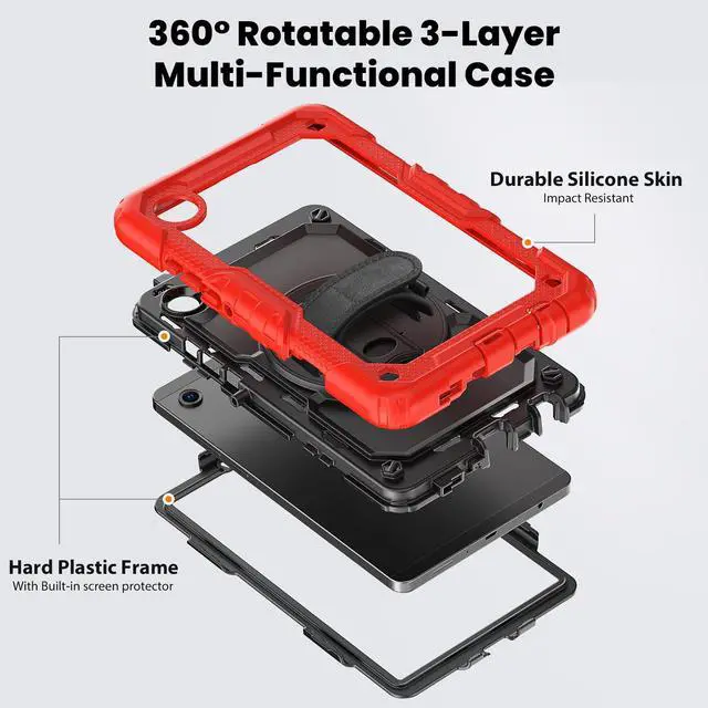 Alt view image 3 of 7 - Heavy Duty Shockproof Case with 360° Rotatable Stand, Hand & Shoulder Strap for Samsung Galaxy Tab A11 8.7" (2025) / Tab A9 8.7" (2023), Red