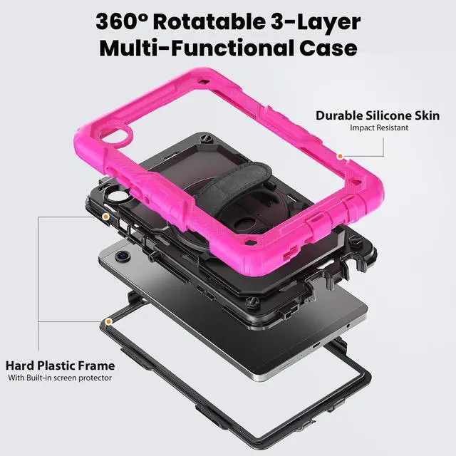 Alt view image 3 of 7 - Heavy Duty Shockproof Case with 360° Rotatable Stand, Hand & Shoulder Strap for Samsung Galaxy Tab A11 8.7" (2025) / Tab A9 8.7" (2023), Rose
