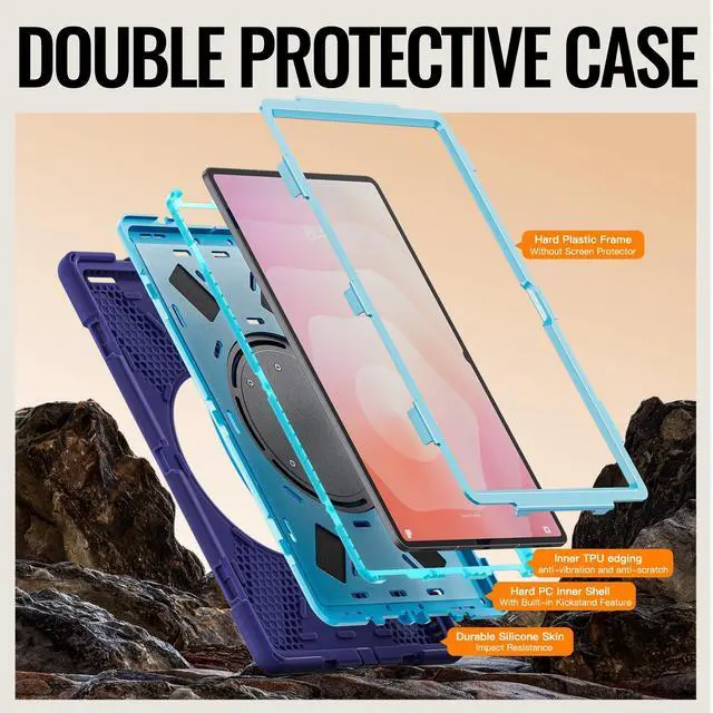Alt view image 3 of 7 - Rugged Silicone Case w/Handle,360°Stand,Strap & Pen Slot for Tab S11 Ultra 14.6",Navy Blue