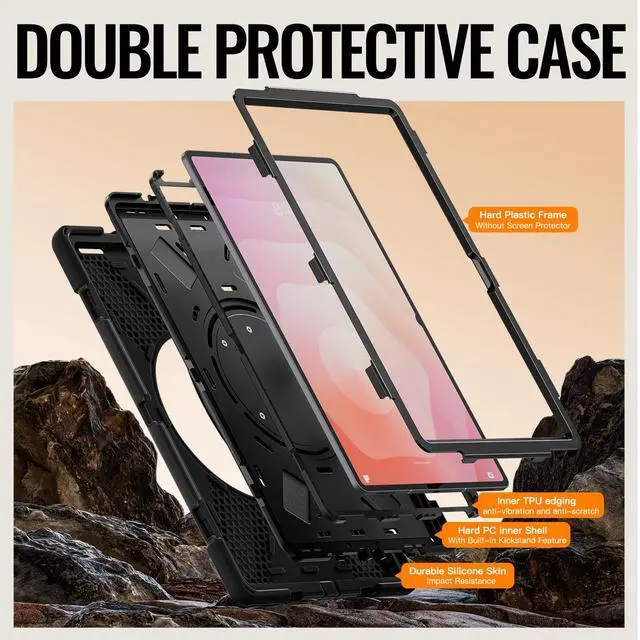 Alt view image 3 of 7 - Rugged Silicone Case w/Handle,360°Stand,Strap & Pen Slot for Tab S11 Ultra 14.6" Black