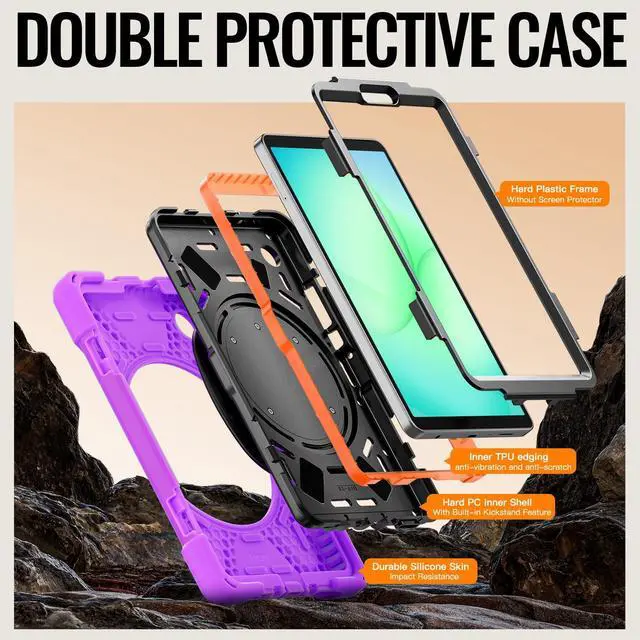 Alt view image 3 of 7 - Rugged Silicone Case with Handle Grip, 360° Kickstand, Strap & S Pen Holder for Samsung Galaxy Tab A11 8.7" (2025) / Tab A9 8.7" (2023), Purple