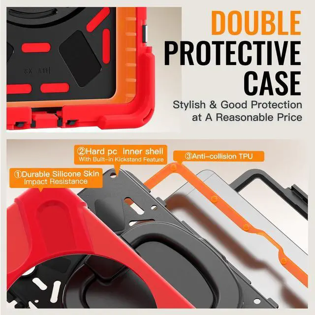 Alt view image 3 of 7 - Rugged Silicone Case with Handle Grip, 360° Kickstand, Strap & S Pen Holder for Samsung Galaxy Tab A11 8.7" (2025) / Tab A9 8.7" (2023), Red