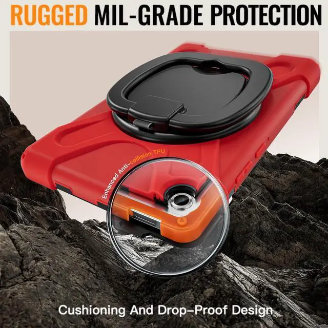 Alt view image 6 of 7 - Rugged Silicone Case with Handle Grip, 360° Kickstand, Strap & S Pen Holder for Samsung Galaxy Tab A11 8.7" (2025) / Tab A9 8.7" (2023), Red