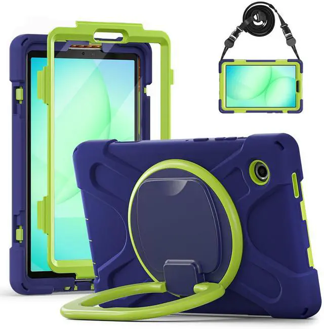 Main image of Rugged Silicone Case with Handle Grip, 360° Kickstand, Strap & S Pen Holder for Samsung Galaxy Tab A11 8.7" (2025) / Tab A9 8.7" (2023), NavyBlue Lime