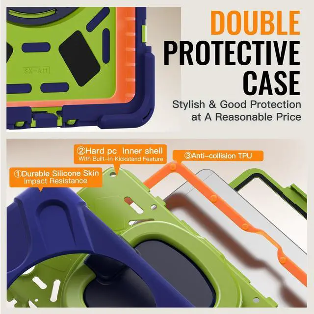 Alt view image 3 of 7 - Rugged Silicone Case with Handle Grip, 360° Kickstand, Strap & S Pen Holder for Samsung Galaxy Tab A11 8.7" (2025) / Tab A9 8.7" (2023), NavyBlue Lime