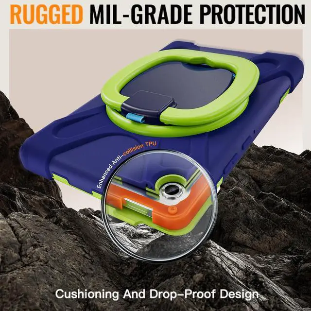 Alt view image 6 of 7 - Rugged Silicone Case with Handle Grip, 360° Kickstand, Strap & S Pen Holder for Samsung Galaxy Tab A11 8.7" (2025) / Tab A9 8.7" (2023), NavyBlue Lime