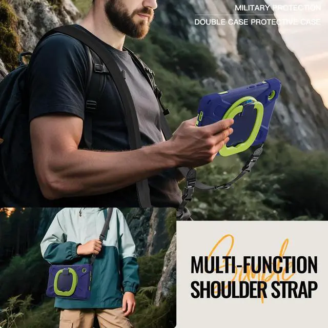 Alt view image 5 of 7 - Rugged Silicone Case with Handle Grip, 360° Kickstand, Strap & S Pen Holder for Samsung Galaxy Tab A11 8.7" (2025) / Tab A9 8.7" (2023), NavyBlue Lime