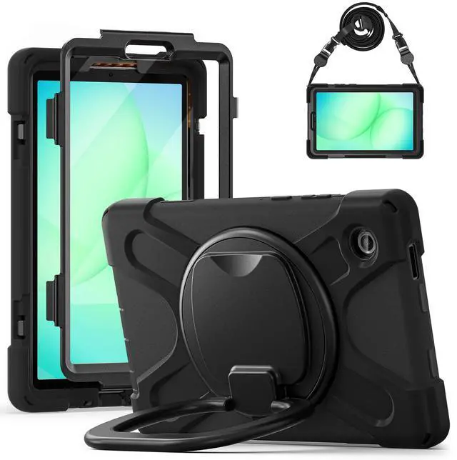 Main image of Rugged Silicone Case with Handle Grip, 360° Kickstand, Strap & S Pen Holder for Samsung Galaxy Tab A11 8.7" (2025) / Tab A9 8.7" (2023), Black