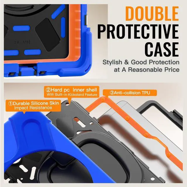 Alt view image 3 of 7 - Rugged Silicone Case with Handle Grip, 360° Kickstand, Strap & S Pen Holder for Samsung Galaxy Tab A11 8.7" (2025) / Tab A9 8.7" (2023), Blue