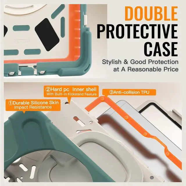 Alt view image 3 of 7 - Rugged Silicone Case with Handle Grip, 360° Kickstand, Strap & S Pen Holder for Samsung Galaxy Tab A11 8.7" (2025) / Tab A9 8.7" (2023), Emerald Green