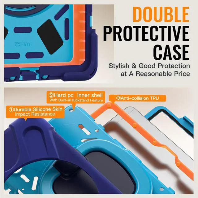 Alt view image 3 of 7 - Rugged Silicone Case with Handle Grip, 360° Kickstand, Strap & S Pen Holder for Samsung Galaxy Tab A11 8.7" (2025) / Tab A9 8.7" (2023), NavyBlue