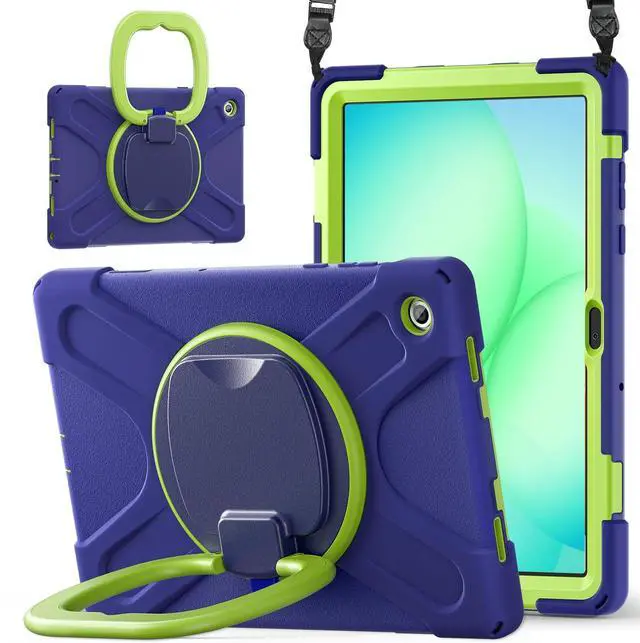 Main image of Rugged Silicone Cover with Handle Grip, 360° Kickstand, Strap & S Pen Holder for Samsung Galaxy Tab A11 Plus 11" (2025) / Tab A9 Plus 11" (2023), Navy Blue & Lime