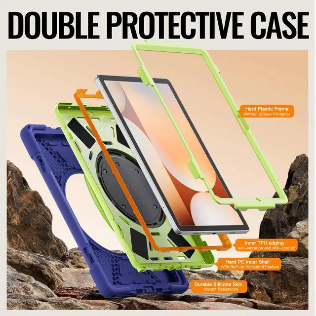 Alt view image 3 of 7 - Rugged Silicone Cover with Handle Grip, 360° Kickstand, Strap & S Pen Holder for Samsung Galaxy Tab A11 Plus 11" (2025) / Tab A9 Plus 11" (2023), Navy Blue & Lime
