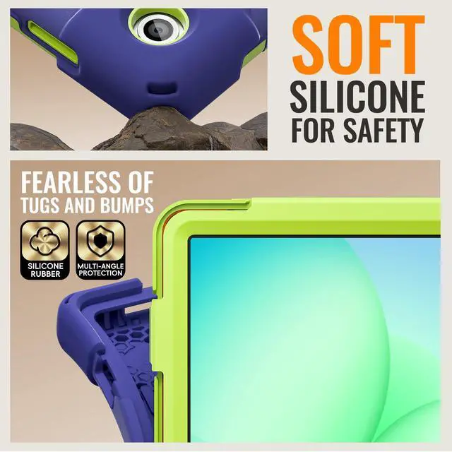 Alt view image 5 of 7 - Rugged Silicone Cover with Handle Grip, 360° Kickstand, Strap & S Pen Holder for Samsung Galaxy Tab A11 Plus 11" (2025) / Tab A9 Plus 11" (2023), Navy Blue & Lime