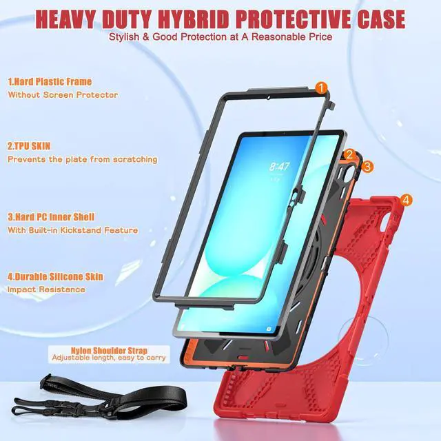 Alt view image 3 of 7 - Shockproof Kids Case with Pencil Holder, 360° Rotating Hand Strap, Stand & Shoulder Strap for Samsung Galaxy Tab S10 FE+ 13.1" 2025 (X620/X626B), Red