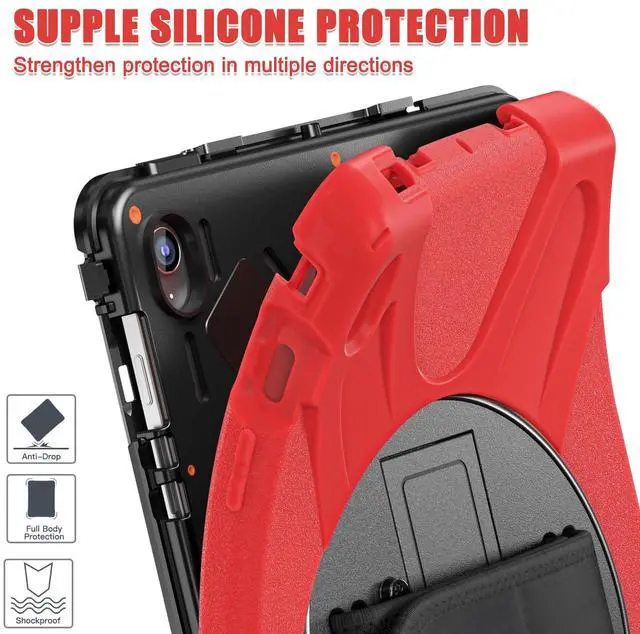 Alt view image 4 of 7 - Shockproof Kids Case with Pencil Holder, 360° Rotating Hand Strap, Stand & Shoulder Strap for Samsung Galaxy Tab S10 FE+ 13.1" 2025 (X620/X626B), Red