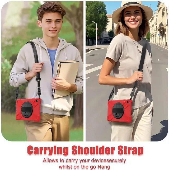 Alt view image 6 of 7 - Shockproof Kids Case with Pencil Holder, 360° Rotating Hand Strap, Stand & Shoulder Strap for Samsung Galaxy Tab S10 FE+ 13.1" 2025 (X620/X626B), Red