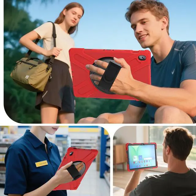 Alt view image 7 of 7 - Shockproof Kids Case with Pencil Holder, 360° Rotating Hand Strap, Stand & Shoulder Strap for Samsung Galaxy Tab S10 FE+ 13.1" 2025 (X620/X626B), Red