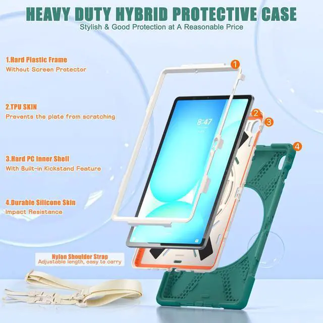 Alt view image 3 of 7 - Shockproof Kids Case with Pencil Holder, 360° Rotating Hand Strap, Stand & Shoulder Strap for Samsung Galaxy Tab S10 FE+ 13.1" 2025 (X620/X626B), Emerald Green