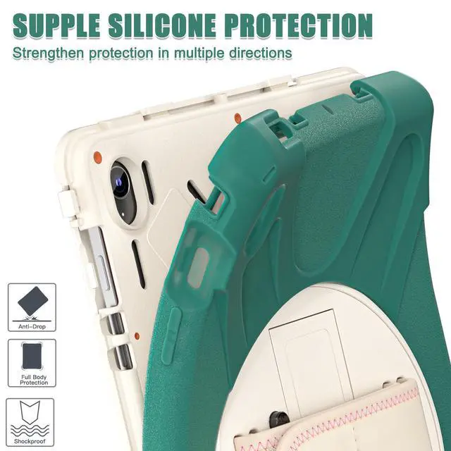 Alt view image 4 of 7 - Shockproof Kids Case with Pencil Holder, 360° Rotating Hand Strap, Stand & Shoulder Strap for Samsung Galaxy Tab S10 FE+ 13.1" 2025 (X620/X626B), Emerald Green