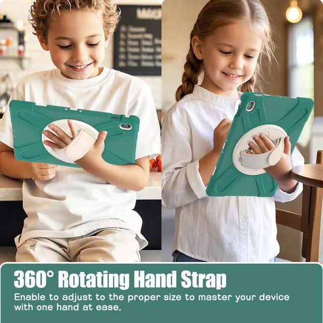 Alt view image 5 of 7 - Shockproof Kids Case with Pencil Holder, 360° Rotating Hand Strap, Stand & Shoulder Strap for Samsung Galaxy Tab S10 FE+ 13.1" 2025 (X620/X626B), Emerald Green