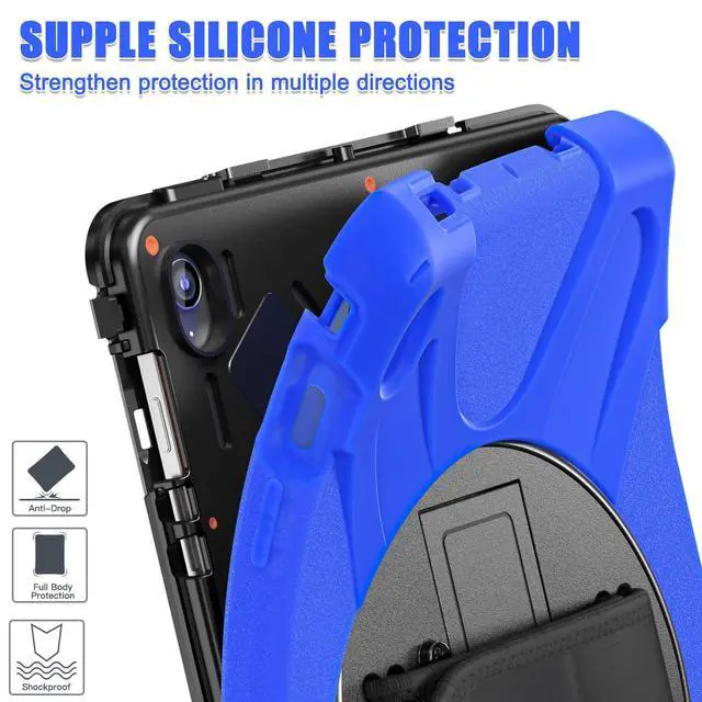 Alt view image 4 of 7 - Shockproof Kids Case with Pencil Holder, 360° Rotating Hand Strap, Stand & Shoulder Strap for Samsung Galaxy Tab S10 FE+ 13.1" 2025 (X620/X626B), Blue