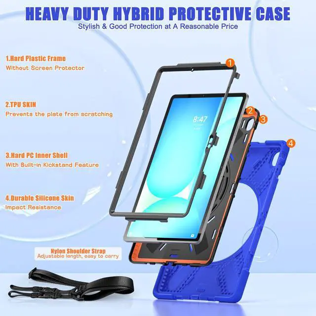 Alt view image 3 of 7 - Shockproof Kids Case with Pencil Holder, 360° Rotating Hand Strap, Stand & Shoulder Strap for Samsung Galaxy Tab S10 FE+ 13.1" 2025 (X620/X626B), Blue