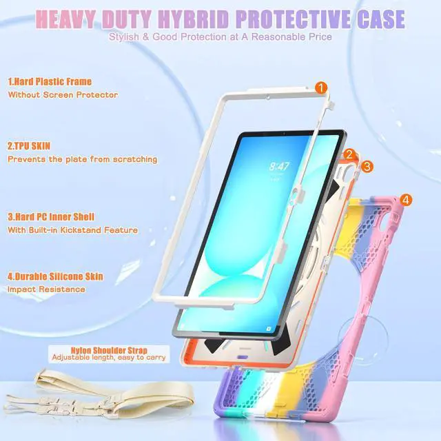 Alt view image 3 of 7 - Shockproof Kids Case with Pencil Holder, 360° Rotating Hand Strap, Stand & Shoulder Strap for Samsung Galaxy Tab S10 FE+ 13.1" 2025 (X620/X626B), Colorful Pink