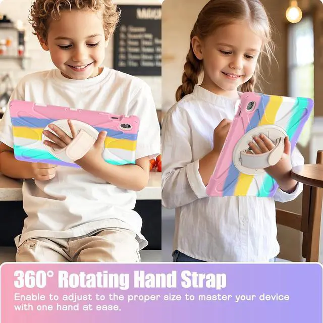 Alt view image 5 of 7 - Shockproof Kids Case with Pencil Holder, 360° Rotating Hand Strap, Stand & Shoulder Strap for Samsung Galaxy Tab S10 FE+ 13.1" 2025 (X620/X626B), Colorful Pink