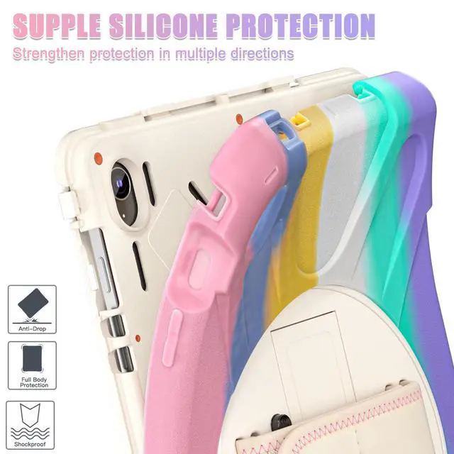 Alt view image 4 of 7 - Shockproof Kids Case with Pencil Holder, 360° Rotating Hand Strap, Stand & Shoulder Strap for Samsung Galaxy Tab S10 FE+ 13.1" 2025 (X620/X626B), Colorful Pink