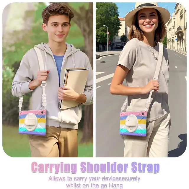 Alt view image 6 of 7 - Shockproof Kids Case with Pencil Holder, 360° Rotating Hand Strap, Stand & Shoulder Strap for Samsung Galaxy Tab S10 FE+ 13.1" 2025 (X620/X626B), Colorful Pink
