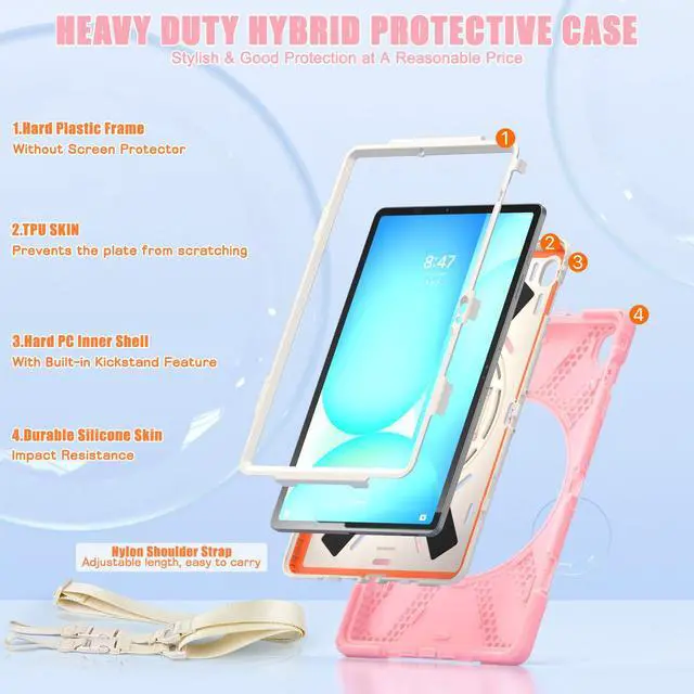 Alt view image 3 of 7 - Shockproof Kids Case with Pencil Holder, 360° Rotating Hand Strap, Stand & Shoulder Strap for Samsung Galaxy Tab S10 FE+ 13.1" 2025 (X620/X626B), Pink